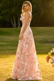 Pink Corset Sequin A Line Floral Long Prom Dress with Embroidery