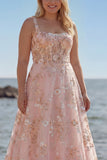 Pink Corset Sequin A Line Floral Long Plus Size Prom Dress with Embroidery
