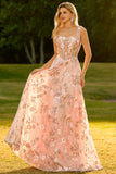 Pink Corset Sequin A Line Floral Long Prom Dress with Embroidery