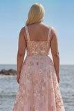 Pink Corset Sequin A Line Floral Long Plus Size Prom Dress with Embroidery