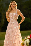 Pink Corset A Line Embroidered Long Floral Prom Dress with Sequins