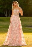 Pink Corset A Line Embroidered Long Floral Prom Dress with Sequins