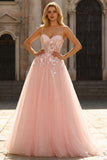Blush Appliqued A-Line Tulle Corset Spaghetti Straps Long Prom Dress