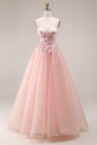 Blush Appliqued A-Line Tulle Corset Spaghetti Straps Long Prom Dress