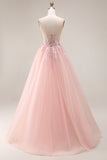 Blush Appliqued A-Line Tulle Corset Spaghetti Straps Long Prom Dress