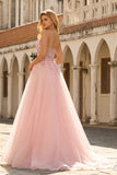 Blush Appliqued A-Line Tulle Corset Spaghetti Straps Long Prom Dress