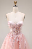 Blush Appliqued A-Line Tulle Corset Spaghetti Straps Long Prom Dress