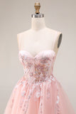Blush Appliqued A-Line Tulle Corset Spaghetti Straps Long Prom Dress