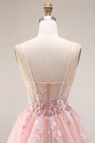 Blush Appliqued A-Line Tulle Corset Spaghetti Straps Long Prom Dress