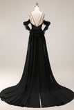 Sparkly Sequins Black Cold Shoulder Mermadid Long Prom Dress with Slit