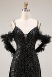 Sparkly Sequins Black Cold Shoulder Mermadid Long Prom Dress with Slit
