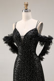 Sparkly Sequins Black Cold Shoulder Mermadid Long Prom Dress with Slit