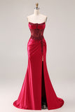 Burgundy Strapless Beading Mermaid Corset Satin Prom Dress with Slit