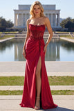 Burgundy Strapless Beading Mermaid Corset Satin Prom Dress with Slit