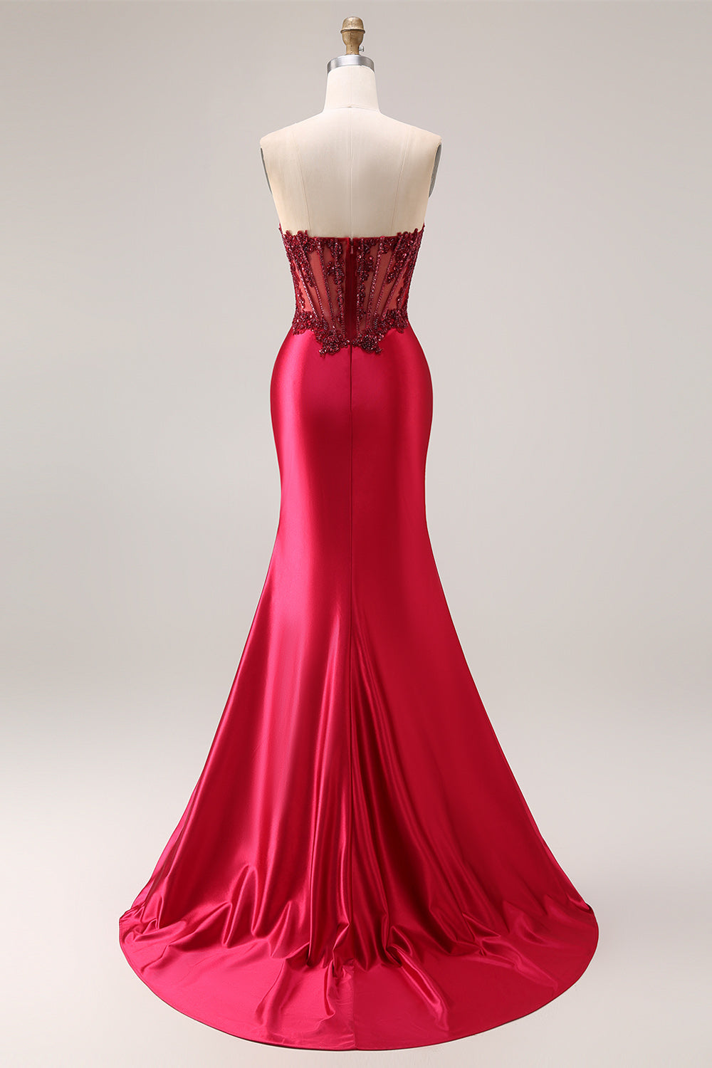 ZAPAKA Women Burgundy Strapless Prom Dress with Beading Mermaid Corset Satin Formal Dress with Slit, Burgundy / US6
