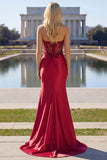 Burgundy Strapless Beading Mermaid Corset Satin Prom Dress with Slit