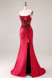Burgundy Strapless Beading Mermaid Corset Satin Prom Dress with Slit