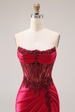 Burgundy Strapless Beading Mermaid Corset Satin Prom Dress with Slit