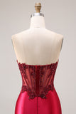 Burgundy Strapless Beading Mermaid Corset Satin Prom Dress with Slit