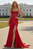 Red Strapless Mermaid Corset Beaded Ruched Satin Long Prom Dress with Slit