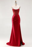 Red Strapless Mermaid Corset Beaded Ruched Satin Long Prom Dress with Slit