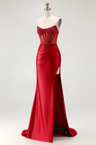 Red Strapless Mermaid Corset Beaded Ruched Satin Long Prom Dress with Slit