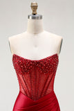 Red Strapless Mermaid Corset Beaded Ruched Satin Long Prom Dress with Slit