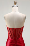 Red Strapless Mermaid Corset Beaded Ruched Satin Long Prom Dress with Slit