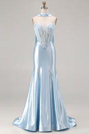 Two Piece Blue Mermaid Corset Sweetheart Long Satin Prom Dress with a Neck Scarf