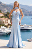 Two Piece Blue Mermaid Corset Sweetheart Long Satin Prom Dress with a Neck Scarf