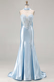 Blue Mermaid Corset Sweetheart Convertible Long Satin Prom Dress with Streamer