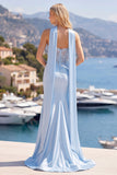 Two Piece Blue Mermaid Corset Sweetheart Long Satin Prom Dress with a Neck Scarf