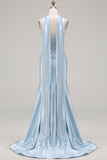 Blue Mermaid Corset Sweetheart Convertible Long Satin Prom Dress with Streamer