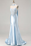 Blue Mermaid Corset Sweetheart Convertible Long Satin Prom Dress with Streamer