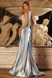 Blue Mermaid Corset Sweetheart Two Piece Long Satin Prom Dress with a Neck Scarf
