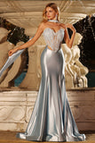 Blue Mermaid Corset Sweetheart Two Piece Long Satin Prom Dress with a Neck Scarf