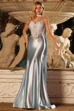 Blue Mermaid Corset Sweetheart Two Piece Long Satin Prom Dress with a Neck Scarf