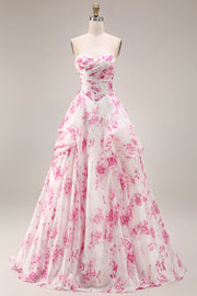 White Fuchsia Flower Strapless Basque Waist A-Line Long Prom Dress