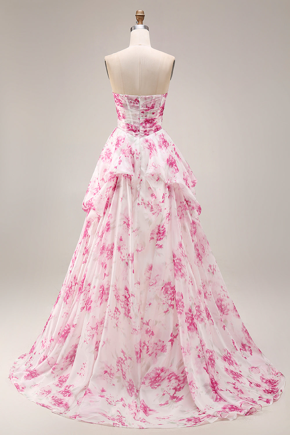 White Fuchsia Flower Strapless Basque Waist A-Line Long Prom Dress White Fuchsia Flower Strapless Basque Waist A-Line Long Prom Dress