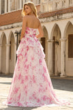 White Fuchsia Flower Strapless Basque Waist A-Line Long Prom Dress