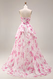 White Fuchsia Flower Strapless Basque Waist A-Line Long Prom Dress