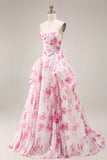 White Fuchsia Flower Strapless Basque Waist A-Line Long Prom Dress