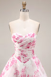 White Fuchsia Flower Strapless Basque Waist A-Line Long Prom Dress