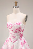 White Fuchsia Flower Strapless Basque Waist A-Line Long Prom Dress