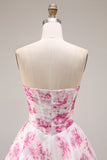 White Fuchsia Flower Strapless Basque Waist A-Line Long Prom Dress