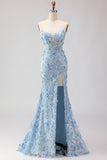 Strapless Blue Mermaid Corset 3D Flowers Sequin Long Prom Dress With Slit