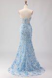Strapless Blue Mermaid Corset 3D Flowers Sequin Long Prom Dress With Slit