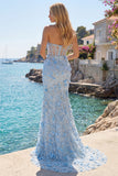 Blue Mermaid Strapless Corset 3D Flowers Sequin Long Prom Dress with Slit