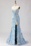 Blue Mermaid Strapless Corset 3D Flowers Sequin Long Prom Dress with Slit