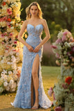 Strapless Blue Mermaid Corset 3D Flowers Sequin Long Prom Dress With Slit